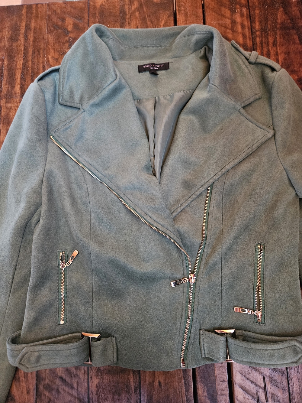 Romeo & Juliet Couture Green Faux Suede Moto Jacket